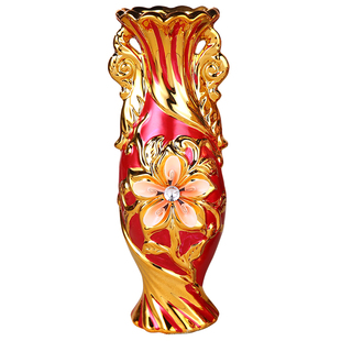 结婚红色一对陶瓷花瓶摆件 客厅 插花婚庆用品家居电视柜装饰工艺