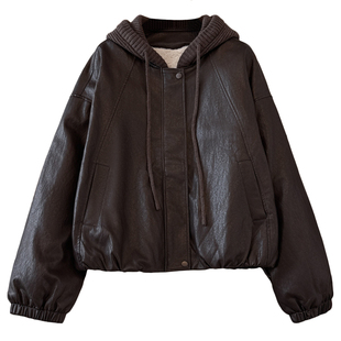 超火减龄连帽pu皮衣加绒加厚外套女式2025冬季新款宽松机车服夹克