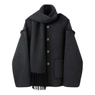 白口阳【卢浮宫】66羊毛 灰色斗篷外套男秋冬中长款加厚宽松大衣