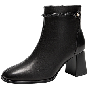 【静音系列】千百度轻奢羊皮靴女2025冬季新款粗高跟时装靴短靴子