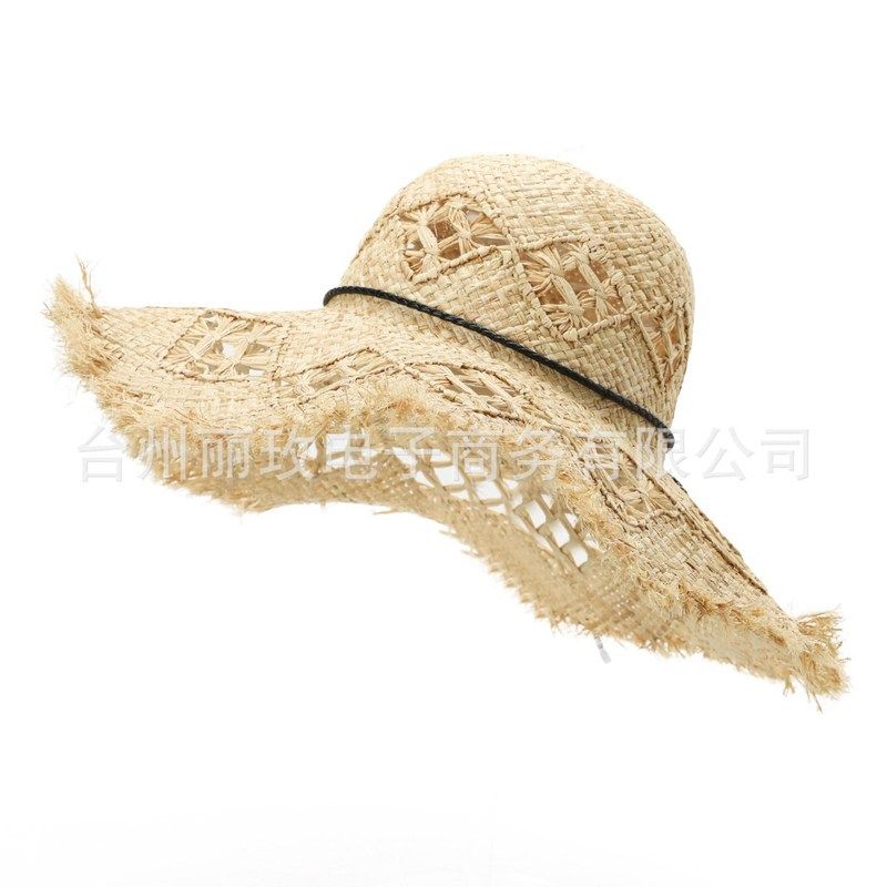 镂空拉菲草帽纯手工编织大出游帽帽子海边遮阳帽草编沙滩帽檐拉菲
