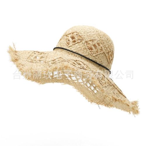 镂空拉菲草帽纯手工编织大出游帽帽子海边遮阳帽草编沙滩帽檐拉菲