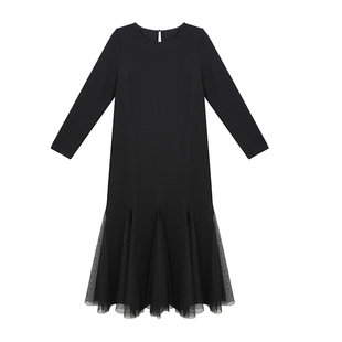 柒院家微胖大码女设计感拼接网纱长袖连衣裙2026春气质宽松大摆裙