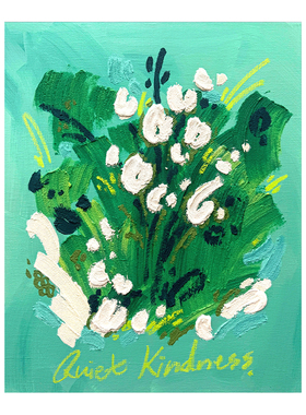 无框画ohjpaint治愈系花卉薄荷绿底白色花束卧室客厅装饰画挂画