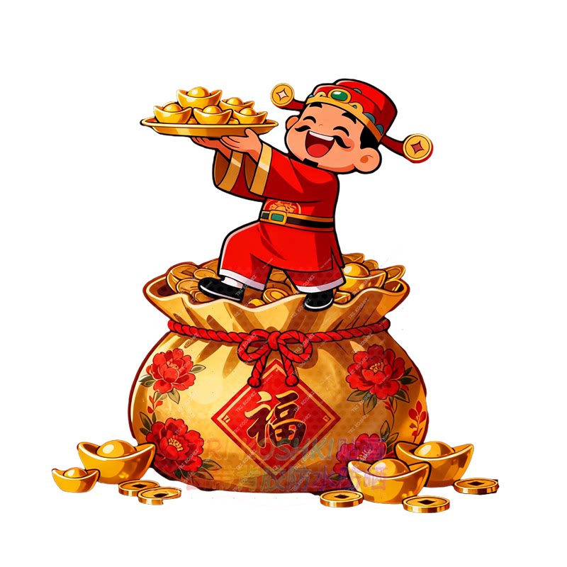 中式q版喜笑颜开财神爷送财贴纸玄关客厅沙发背景墙贴财神爷墙贴