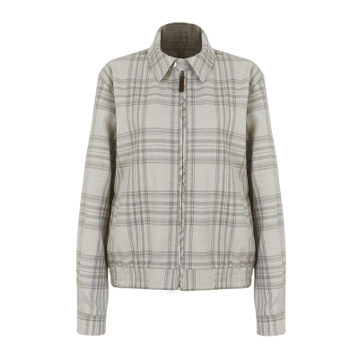 call it a day 灰色格纹哈灵顿夹克 翻领外套女宽松拉链上衣秋