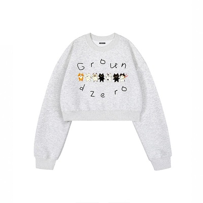 itGROUNDZERO2025秋冬国潮牌小猫短款甜辣妹长袖连帽卫衣上衣