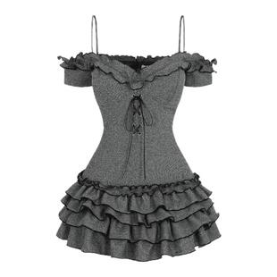 Cjxnh吊带灰色连衣裙 一字肩两穿褶皱蛋糕短裙百搭木耳边显瘦气质