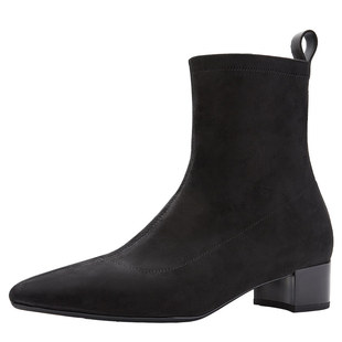 Nine West/玖熙弹力瘦瘦短靴女侧拉链粗跟通勤方头弹力及踝时装靴