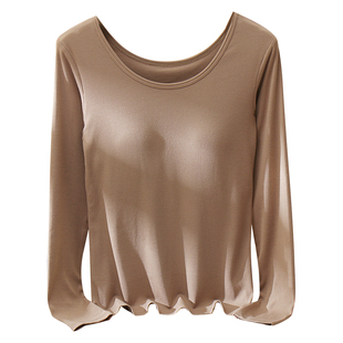 女春秋薄款圆领打底衫带胸垫一体文胸罩杯长袖T恤上瑜伽保暖内衣J