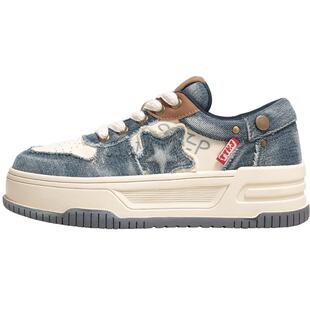 TTKJ鞋子女款牛仔布蓝色帆布鞋秋冬休闲女鞋星星厚底增高运动板鞋