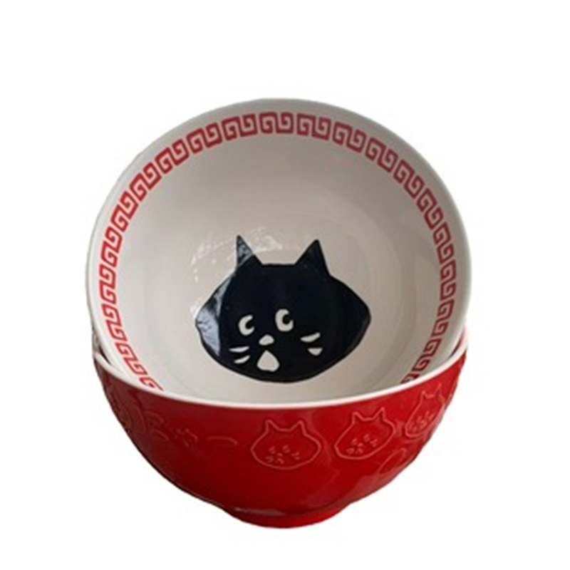 树下盒 Nya酱日式惊讶猫陶瓷碗釉下彩复古红浮雕米饭碗家用吃饭碗
