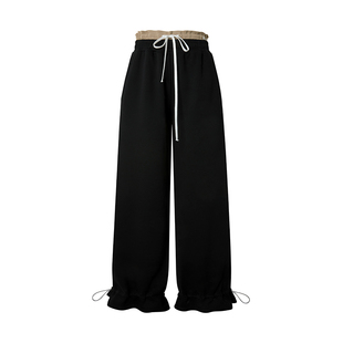 【少女遐想】Uena明星同款黑色双腰头下摆抽绳休闲宽松直筒卫裤女