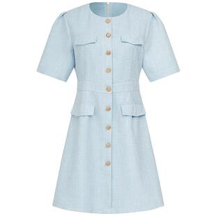 曼德诗法式小香风收腰连衣裙2026春季新品圆领短裙