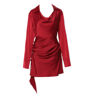 DPLAY2025秋季新款红色连衣裙女千金风短裙荷叶边短款A字裙长袖