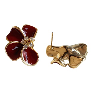 红色珐琅花朵耳钉女新款轻奢高级感纯银针耳环独特漂亮新年耳饰品