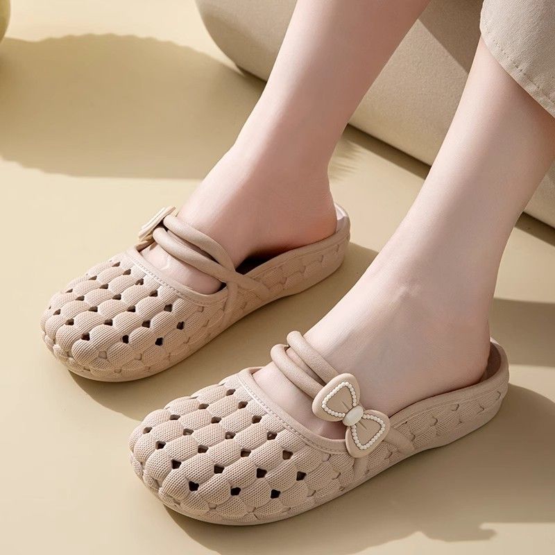 蝴蝶结包头半拖鞋女夏季外穿洞洞鞋时尚百搭居家软底透气沙滩凉鞋