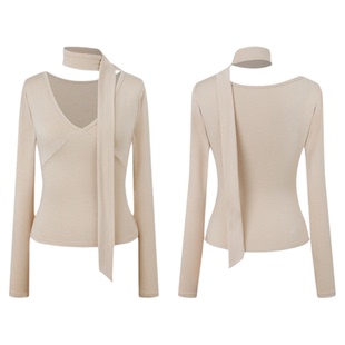 「气质宝藏」兰精莫代尔美丽诺羊毛薄绒V领飘带开春上衣修身显瘦