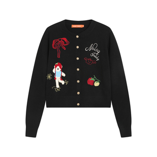 NOISY TEDDY26春季新款可爱印花刺绣女士圆领长袖针织衫开衫宽松