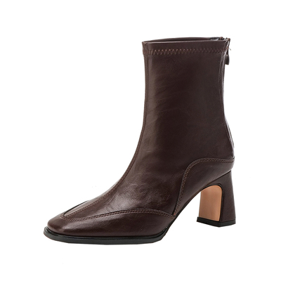 真皮~棕色粗跟中跟5cm瘦瘦短靴女