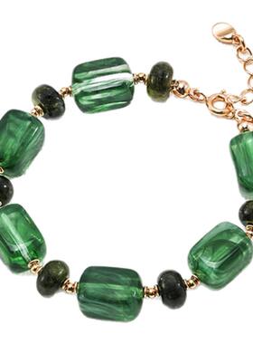 新中式复古绿色树脂石串珠手链小众轻奢高级感手串气质纯银手饰品