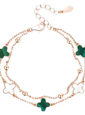 S925纯银孔雀石四叶草手链送女友