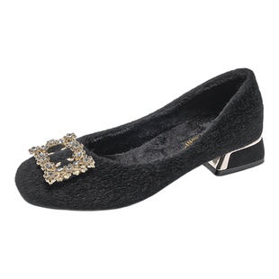 2025秋冬新款粗跟水钻方扣高跟鞋女加绒保暖毛毛一脚蹬方头晚晚鞋