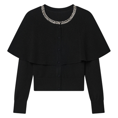 Goodland美地女装羊毛法式斗篷开衫假两件针织衫上衣LC35106090