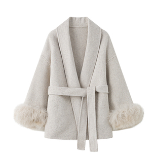 千金风真狐狸毛翻领毛呢外套女短款小个子系带高级感气质呢大衣