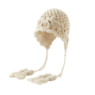 民族风帽子女针织帽2025新款手工钩花编织包头帽显脸小流苏套头帽