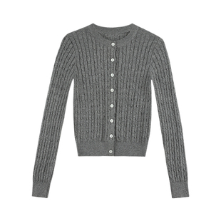 pusumede 灰调K门 灰色麻花针织开衫女气质修身上衣短款圆领外套