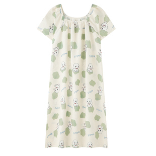 夏季短袖云朵棉睡裙中款大码女家居服自带胸垫一体可外穿学生春秋