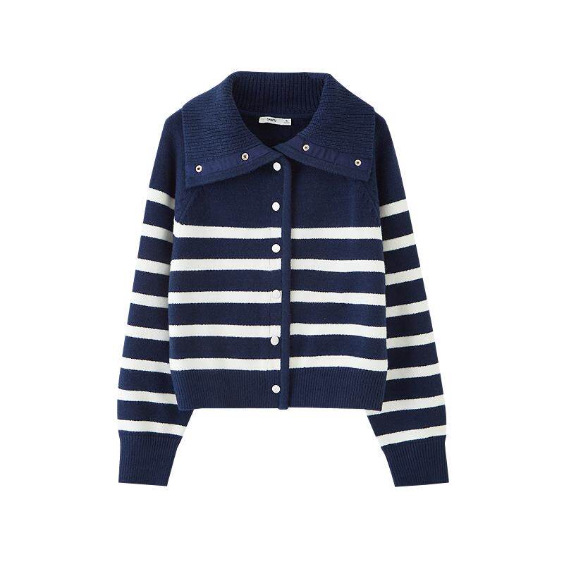 三福开衫毛衣2025新款冬季休闲宽松大翻领条纹外套上衣女装512192