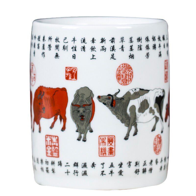景德镇陶瓷笔筒摆件青花瓷轻奢创意风仿古大毛笔笔筒千里江山图