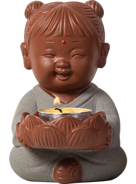 陶瓷莲花烛台金童玉女紫砂摆件