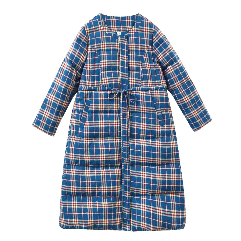 纯棉加厚蓝格子羽绒服女长款冬季