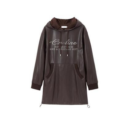 REVAN芮范设计师款红咖色调PU皮质连衣裙RM91101045