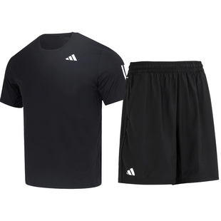 阿迪达斯黑色跑步套装男冬季新款圆领卫衣上衣透气运动服休闲长裤