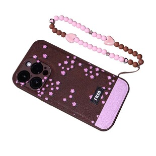 浮夸少女dayu原创设计 复古棕粉色小花系列苹果凹凸质感手机壳iphone14 搭配串珠挂绳
