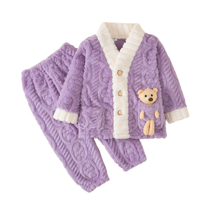 秋冬法兰绒睡衣儿童男大童女童加厚珊瑚绒加绒宝宝保暖家居服套装