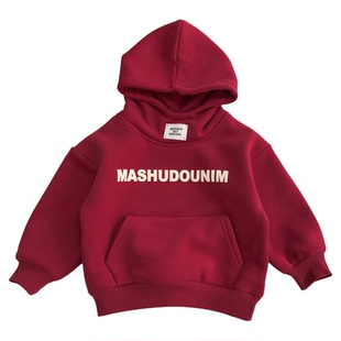 男童加绒半高领卫衣秋冬一体绒红色帽衫儿童休闲上衣宽松套头衫潮