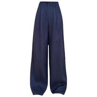 诺仙思美夏新款藏青色亚麻阔腿裤女弯刀裤高腰垂感窄版冰丝直筒裤