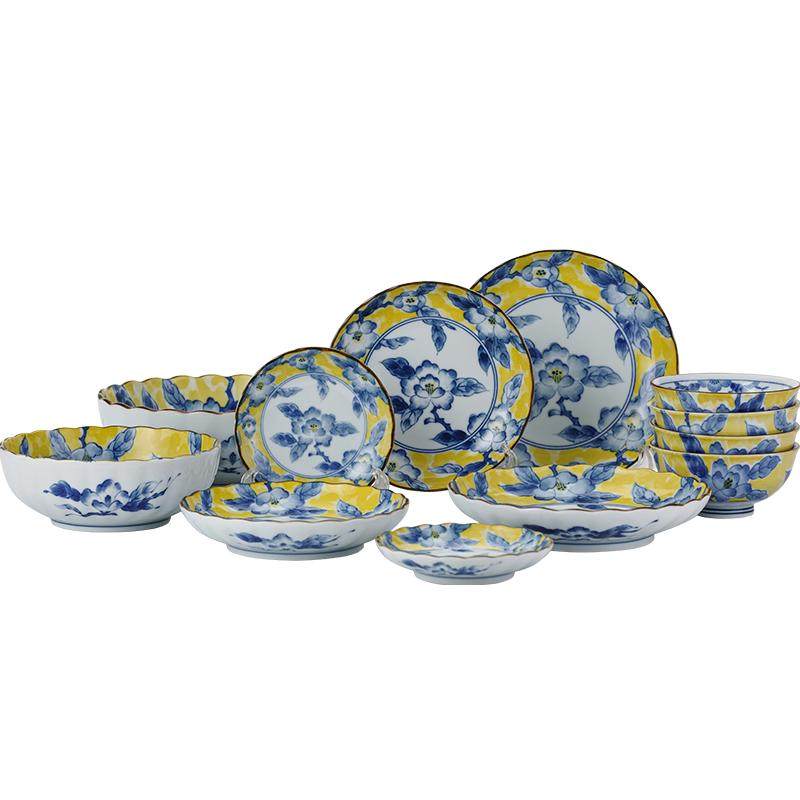 【自营】日本进口黄彩牡丹餐具家用陶瓷碗钵碗盘子大碗吃饭碗面碗