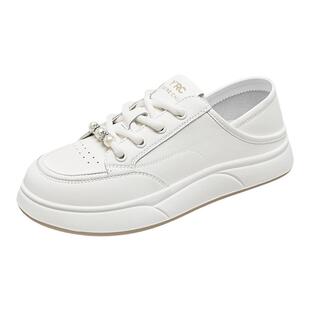 YRC可踩脚两穿小白鞋女秋季新款透气通勤圆头真皮休闲板鞋