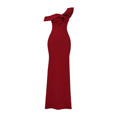 无袖单肩晚礼服长裙荷叶