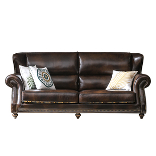 萨洛美式沙发真皮实木中古风头层牛皮棕黑色法式复古直排客厅家具