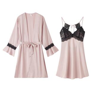 性感睡衣纯欲风女士冬季吊带冰丝睡裙女款秋天蕾丝睡袍丝绸带胸垫