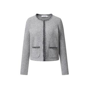 VGRASS维格娜丝独特优雅小香风冬季新款立体编织花边灰色外套女