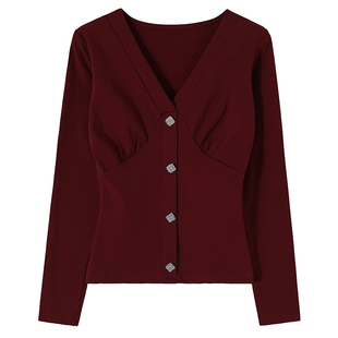 显胸加绒打底衫女冬季洋气设计感小众内搭修身T恤长袖性感V领上衣