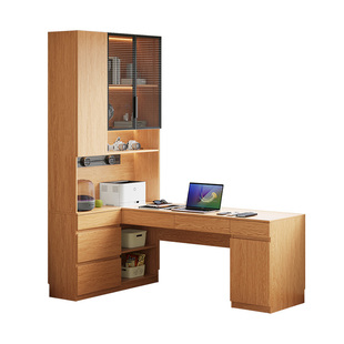 定制橡木书桌书柜一体实木玻璃书架学习电脑桌靠墙转角儿童写字桌